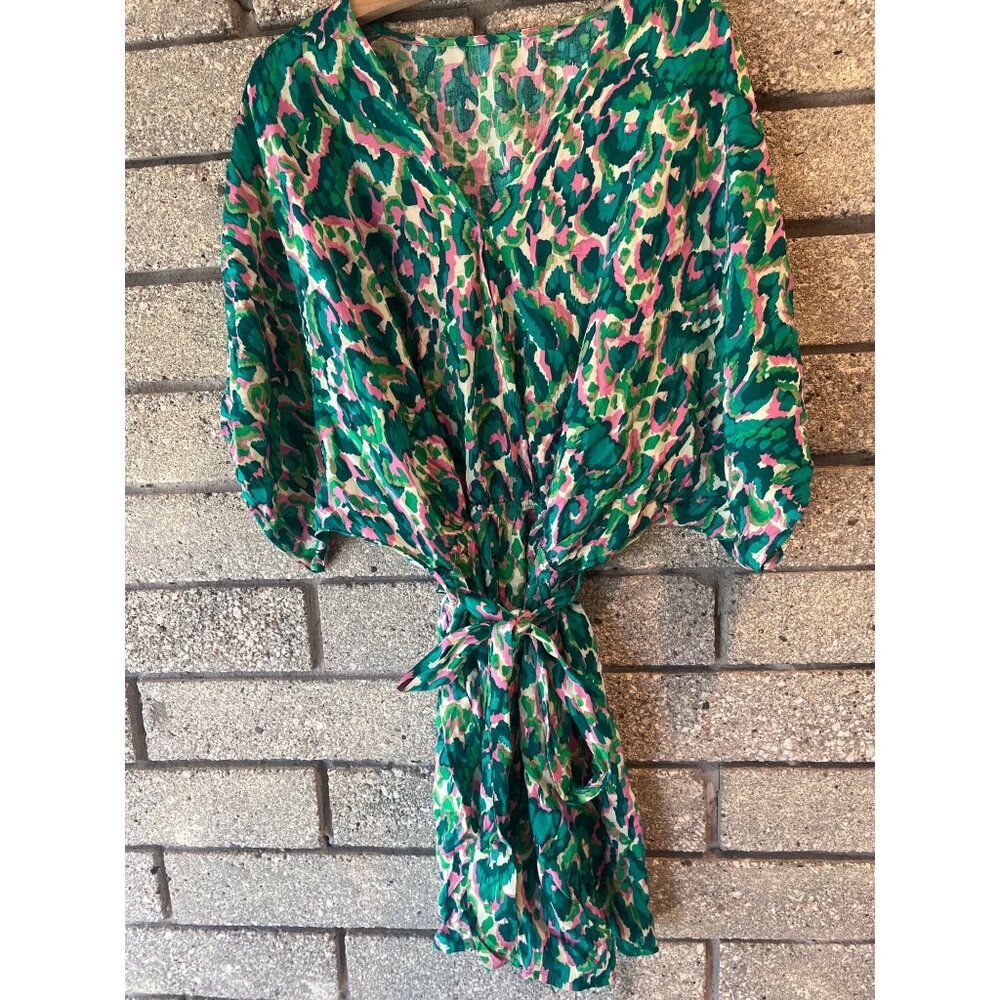 Cupshe Womens Green & Pink Leopard Print Kimono Wrap Dress With Tie Waist Size L
